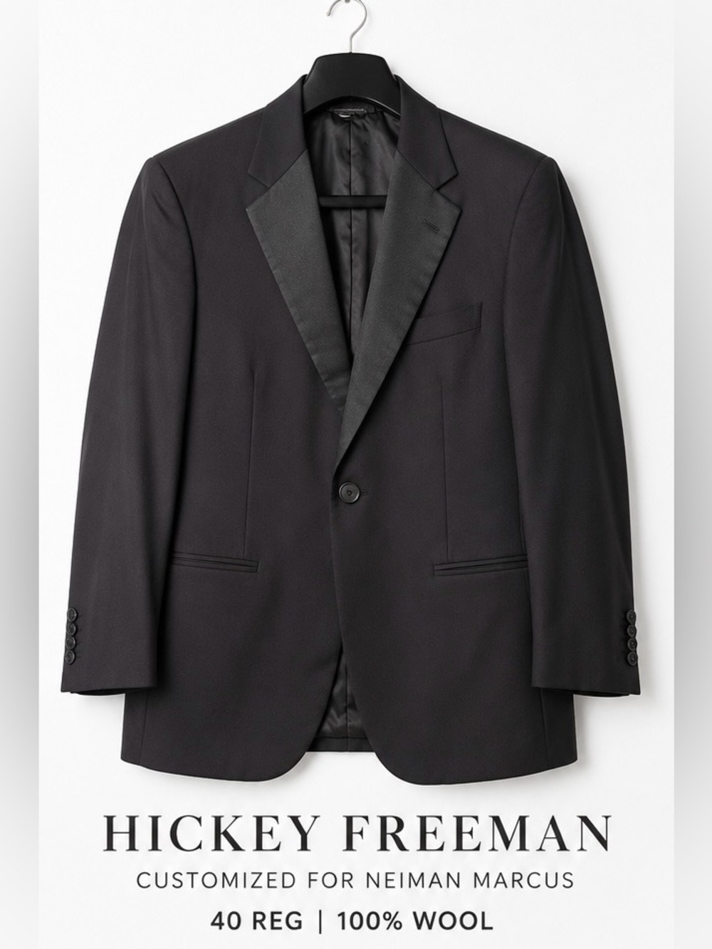 Hickey Freeman Neiman Marcus 40R Blck 100% Wool Tuxedo Dinner Jacket Satin Peak